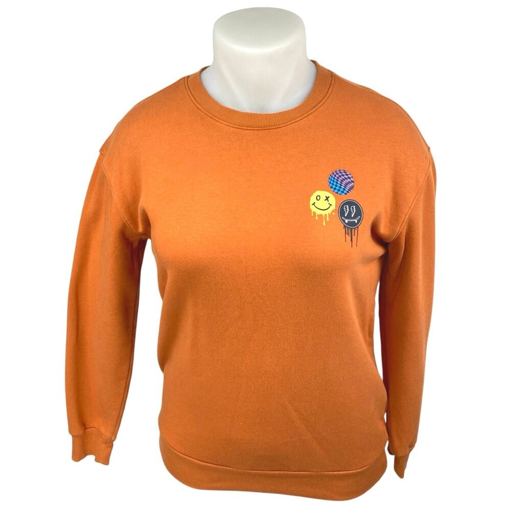 Art Class Women's Orange Smiley Fleece Crew Long Sleeve Sweatshirt Top Size XL